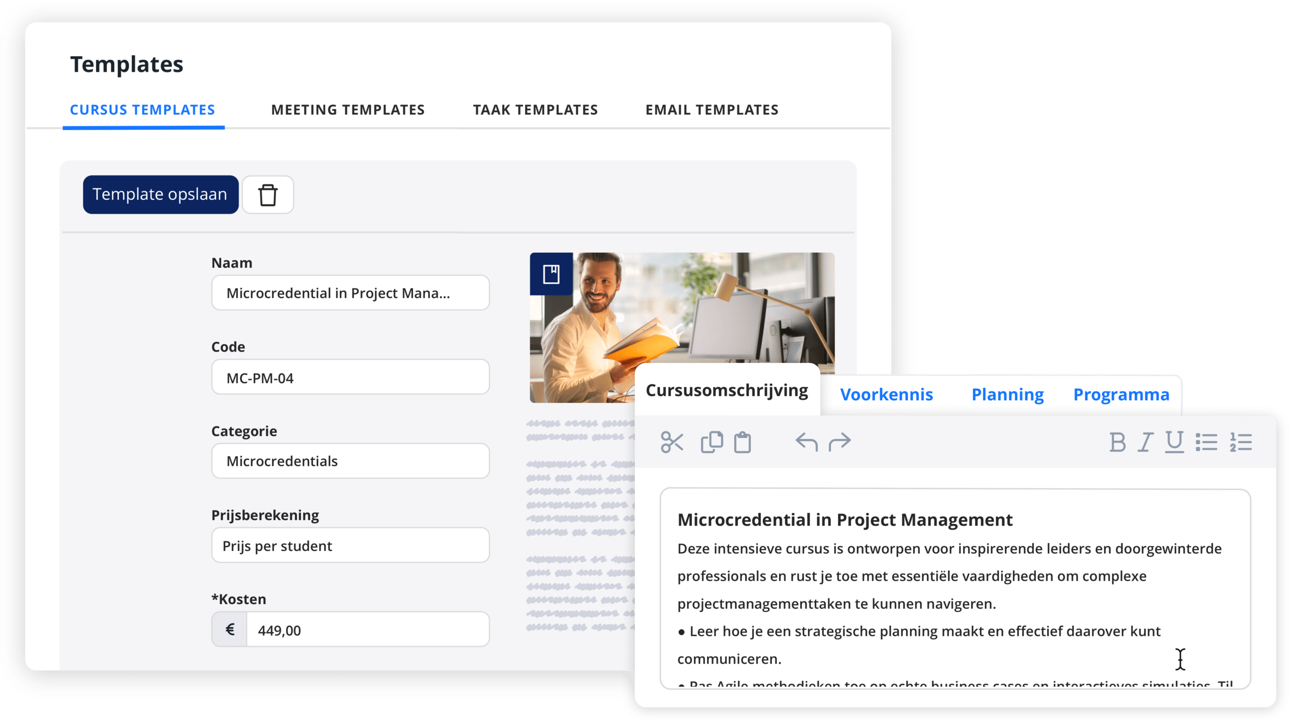 Mock-up van de verschillende soorten templates die beschikbaar zijn in Eduframe