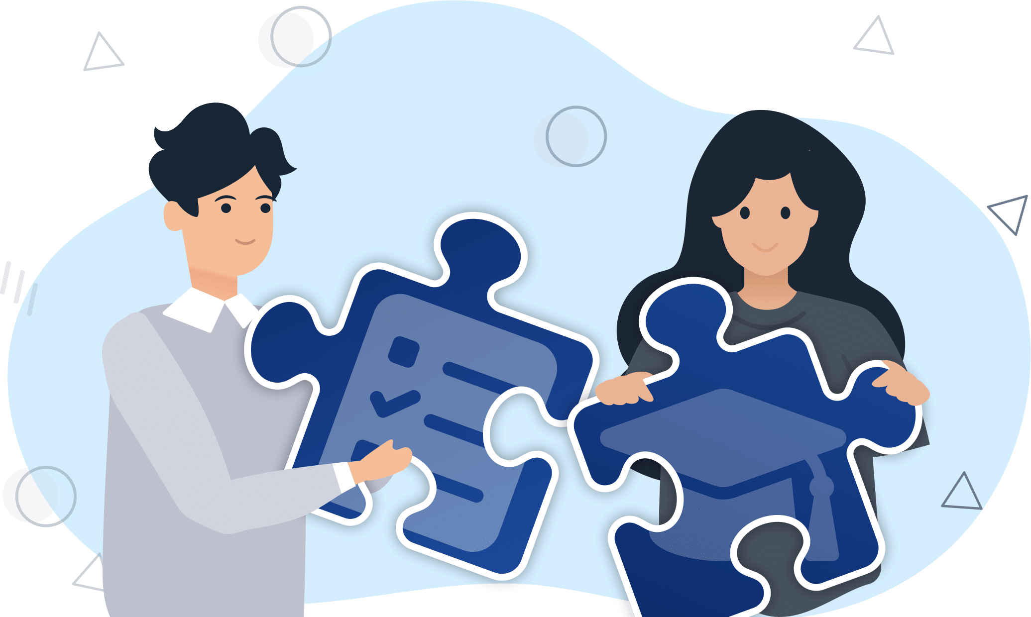 Illustration of two people holding two pieces of a puzzle that fit together
